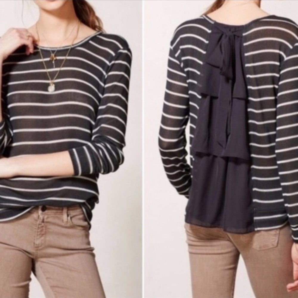 ANTHROPOLOGIE | Clu + Willoughby Sweater Back Tiered Ruffle Bow Striped Medium